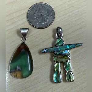 Multiples  2 Elegant Pendants  Green Brown Teardrop & Abalone Man shape Silver